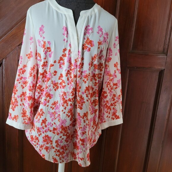 Talbots Shirt Womens M Pink Orange Floral Button Lightweight Tunic Blouse Top - Picture 1 of 5